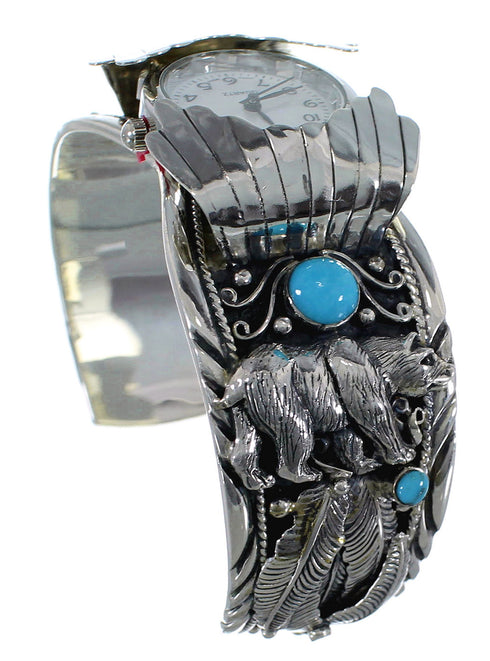 Turquoise Genuine Sterling Silver Southwest Bear Cuff Watch CX48730