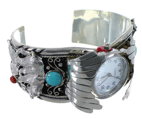 Sterling Silver Southwest Turquoise And Coral Bear Cuff Watch CX48742