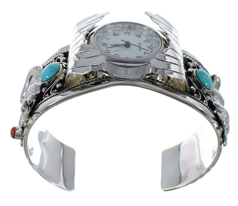 Sterling Silver Southwest Turquoise And Coral Bear Cuff Watch CX48742