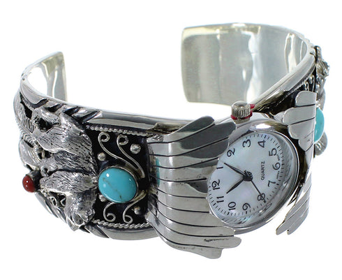Southwest Turquoise And Coral Bear Sterling Silver Cuff Watch CX48747