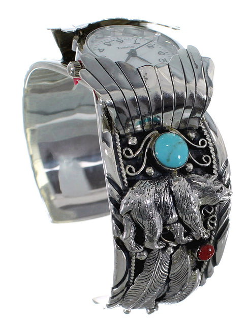 Southwest Turquoise And Coral Bear Sterling Silver Cuff Watch CX48747