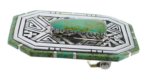 Turquoise Genuine Sterling Silver Water Wave Belt Buckle EX48749