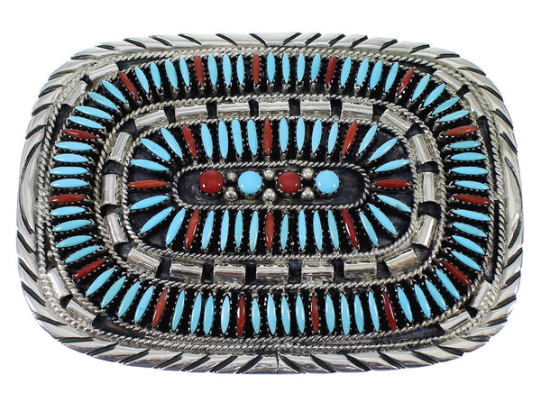 Turquoise And Coral Needlepoint Sterling Silver Belt Buckle EX48772