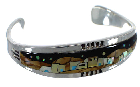 Silver Multicolor Native American Village Design Cuff Bracelet CX49648