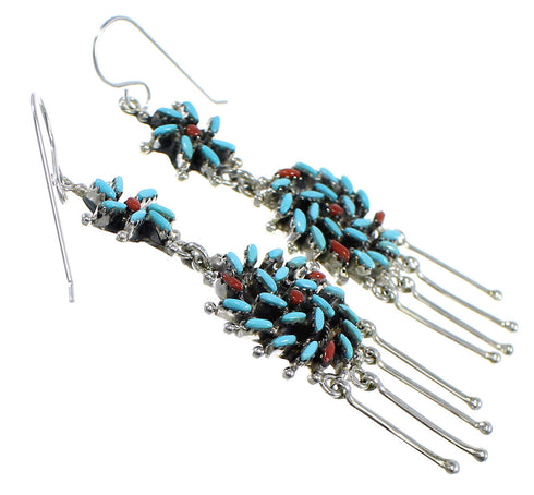 Silver Turquoise And Coral Needlepoint Hook Dangle Earrings AX51086