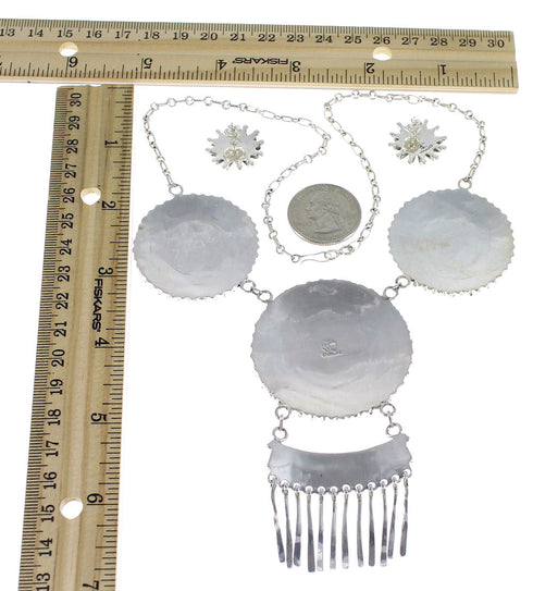 Silver Turquoise Needlepoint Southwest Necklace And Earring Set CX51373