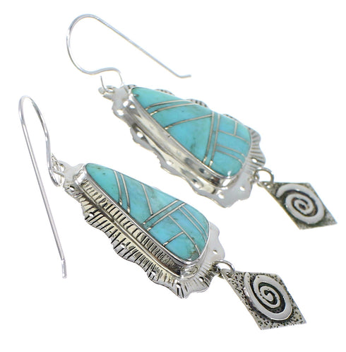 Turquoise Inlay And Silver Southwest Jewelry Hook Dangle Earrings AX51623