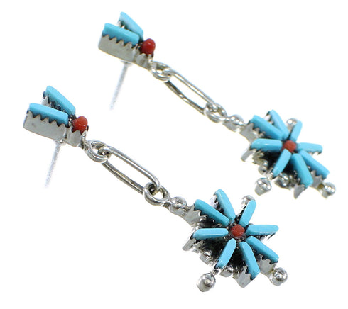 Turquoise And Coral Silver Needlepoint Jewelry Post Dangle Earrings AX51832