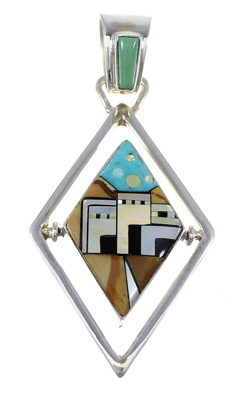 Silver Multicolor Inlay Native American Village Design Reversible Pendant AX53126