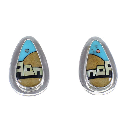 Multicolor Native American Village Design Sterling Silver Tear Drop Earrings YX52346