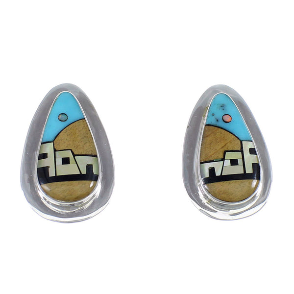 Multicolor Native American Village Design Sterling Silver Tear Drop Earrings YX52346