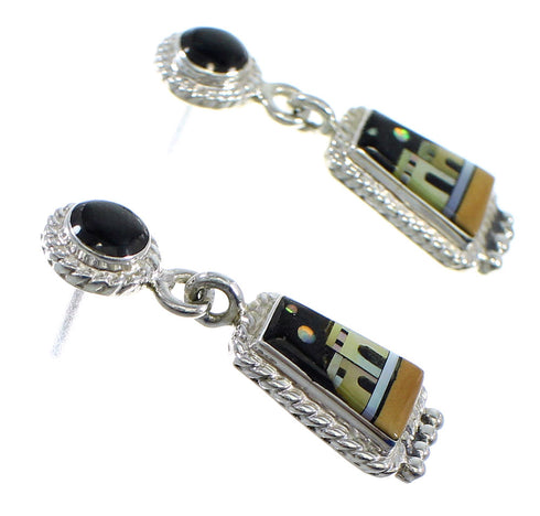 Multicolor Native American Village Design Silver Post Dangle Earrings YX53591