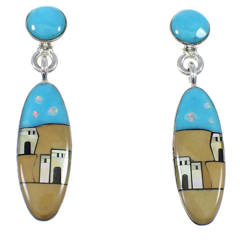 Sterling Silver Multicolor Native American Village Design Post Dangle Earrings YX53285