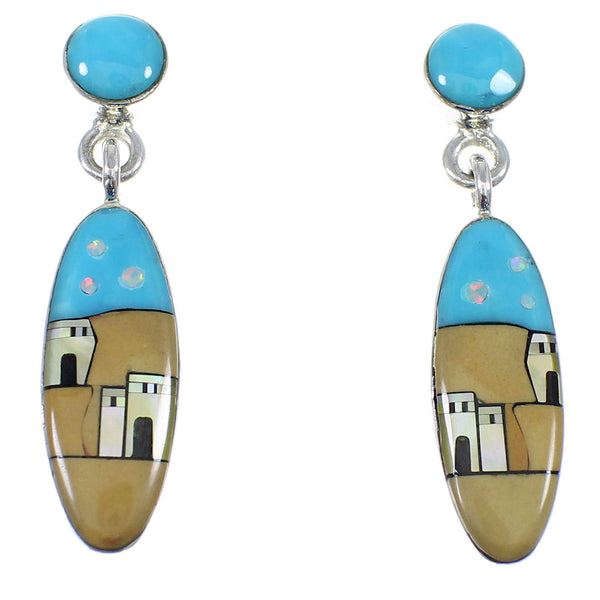 Sterling Silver Multicolor Native American Village Design Post Dangle Earrings YX53285