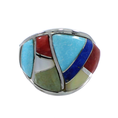 Southwestern Sterling Silver Multicolor Inlay Ring Size 4-3/4 AX53146