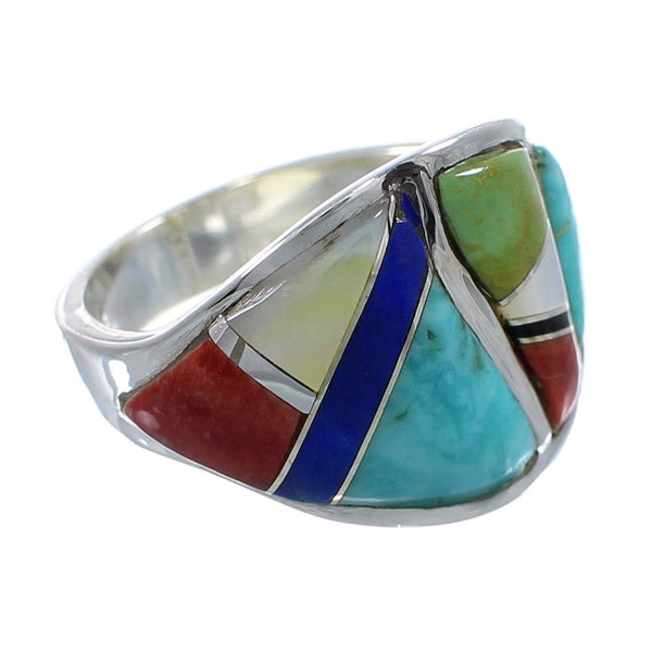 Southwest Sterling Silver Multicolor Inlay Ring Size 8 AX53148