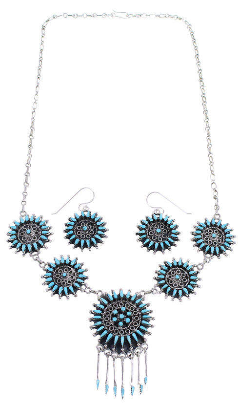 Turquoise Needlepoint Silver Southwestern Necklace And Earring Set EX54064