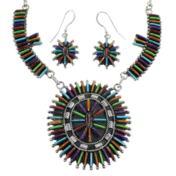 Multicolor Needlepoint Southwest Silver Necklace And Earrings Set EX54161