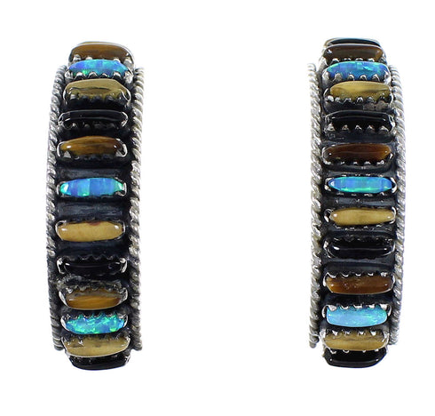 Authentic Sterling Silver Multicolor Needlepoint Post Hoop Earrings RX55554