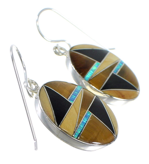 Sterling Silver Multicolor Inlay Hook Dangle Earrings RX54892