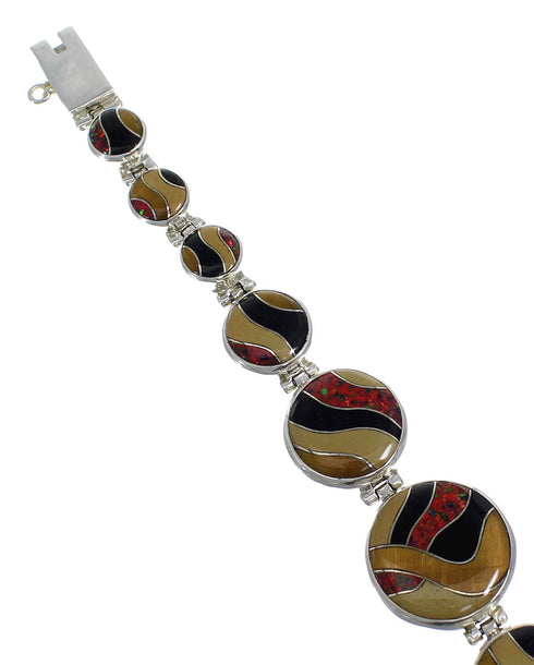 Multicolor Inlay Authentic Sterling Silver Link Bracelet AX54209