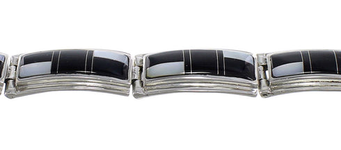 Black Jade And Mother Of Pearl Inlay Silver Link Bracelet EX55891