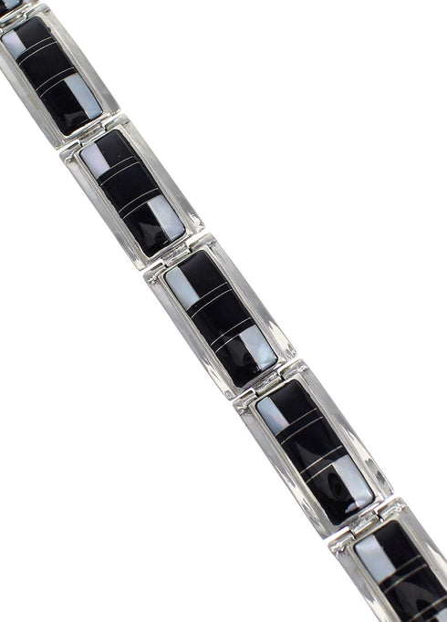 Black Jade And Mother Of Pearl Inlay Silver Link Bracelet EX55891