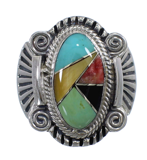 Southwest Multicolor Inlay Sterling Silver Ring Size 7-3/4 EX56273
