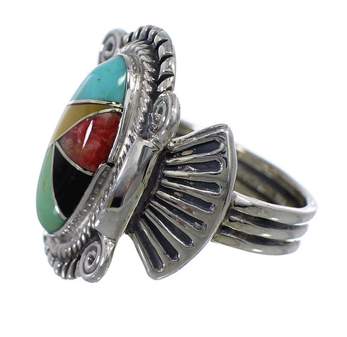 Southwest Multicolor Inlay Sterling Silver Ring Size 7-3/4 EX56273