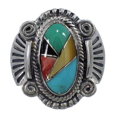 Multicolor Inlay Sterling Silver Southwest Ring Size 7-1/2 EX56208