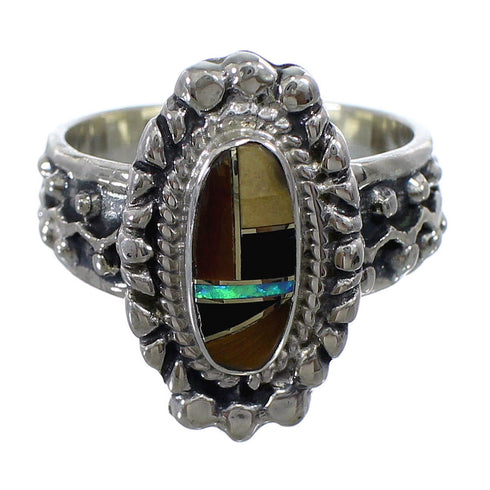 Southwest Multicolor Inlay Silver Ring Size 8-3/4 EX56409