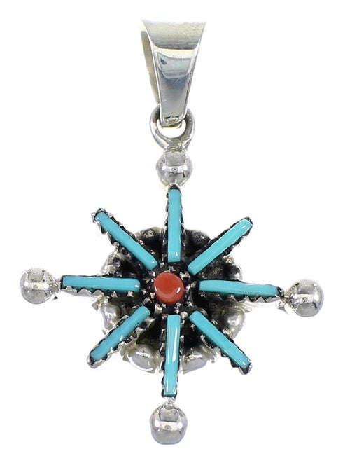Turquoise And Coral Needlepoint Sterling Silver Southwestern Pendant VX55567