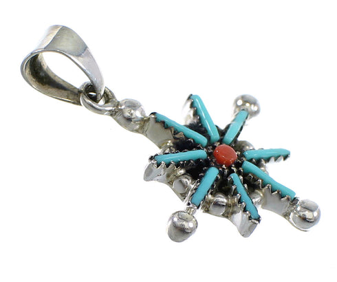 Turquoise And Coral Needlepoint Sterling Silver Southwestern Pendant VX55567