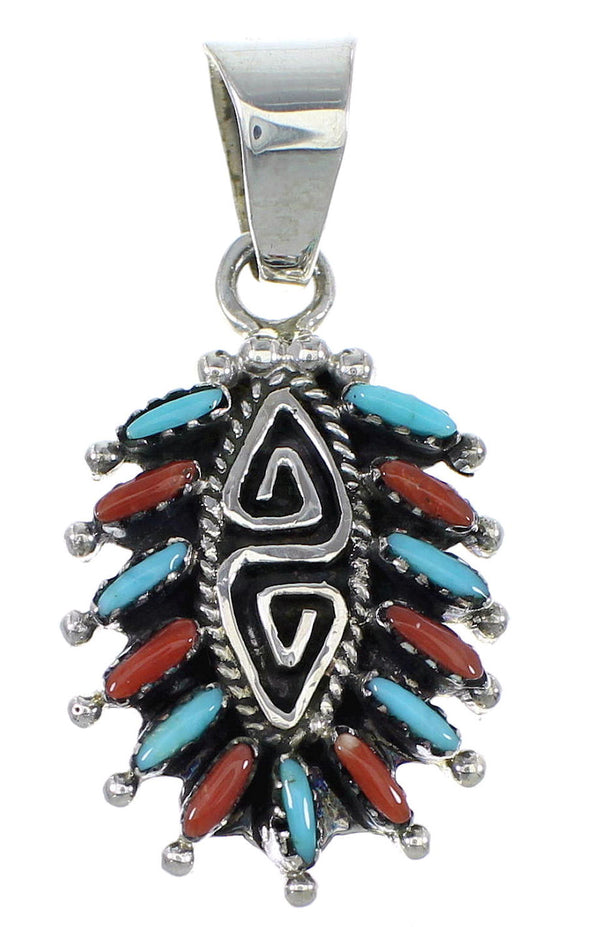 Sterling Silver Turquoise And Coral Needlepoint Water Waves Pendant Jewelry VX55772