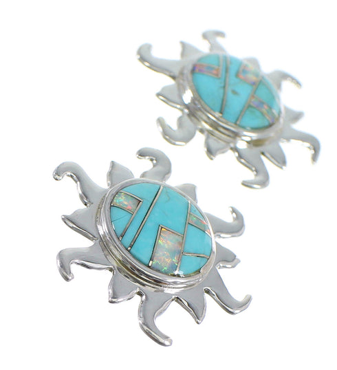 Southwest Sterling Silver Turquoise And Opal Inlay Sun Post Earrings VX56044