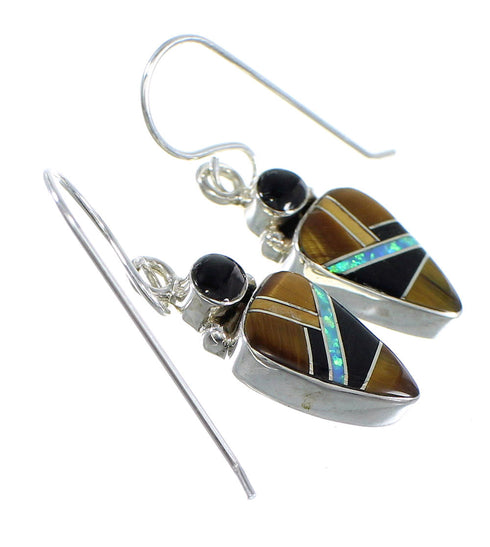 Genuine Sterling Silver Multicolor Inlay Hook Dangle Earrings RX56680