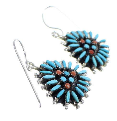 Sterling Silver Turquoise Coral Needlepoint Hook Earrings RX56859