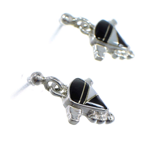 Jet And Mother Of Pearl Inlay Sterling Silver Post Dangle Earrings RX56551