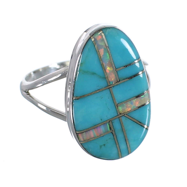 Southwestern Turquoise And Opal Inlay Sterling Silver Ring Size 7-1/4 RX57592