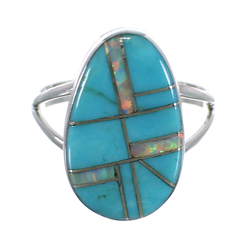 Southwestern Turquoise And Opal Inlay Sterling Silver Ring Size 7-1/4 RX57592