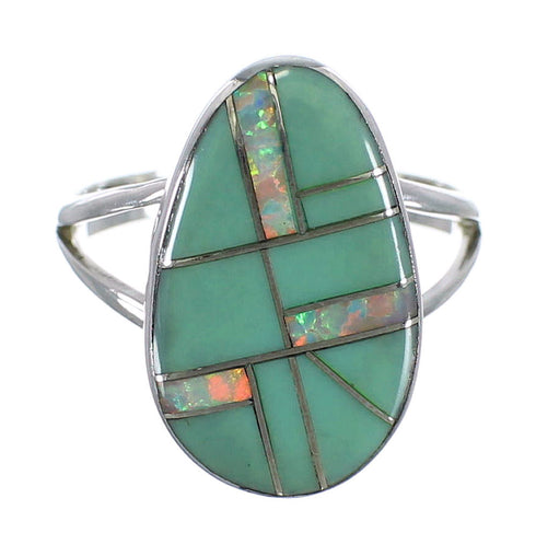 Turquoise And Opal Inlay Sterling Silver Ring Size 6-3/4 RX57765