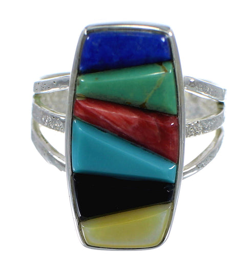 Southwestern Multicolor Inlay And Silver Jewelry Ring Size 7-1/4 VX58887