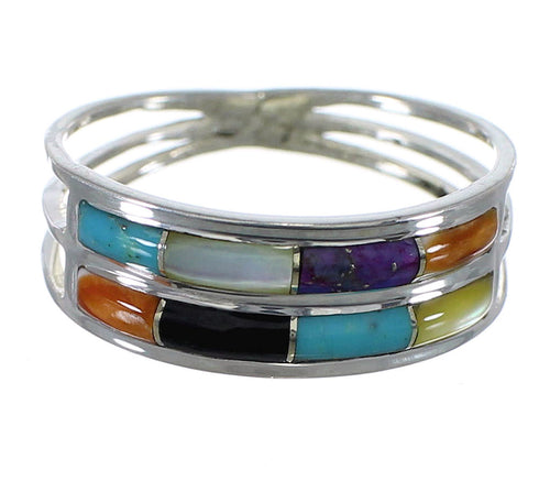 Southwestern Silver Multicolor Inlay Ring Size 7-1/4 QX76033
