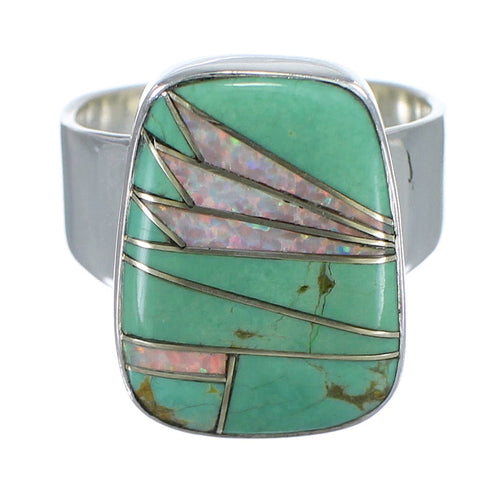Silver Turquoise And Opal Inlay Southwestern Ring Size 7-1/2 AX83289