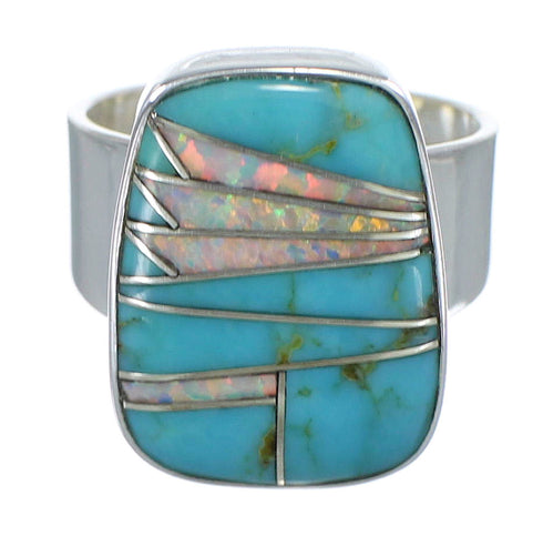 Southwest Silver Turquoise And Opal Ring Size 7-1/2 AX83338