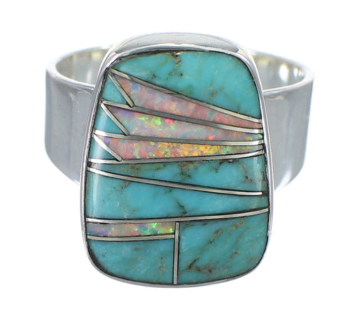 Southwest Turquoise And Opal Inlay Silver Jewelry Ring Size 4-3/4 AX84746