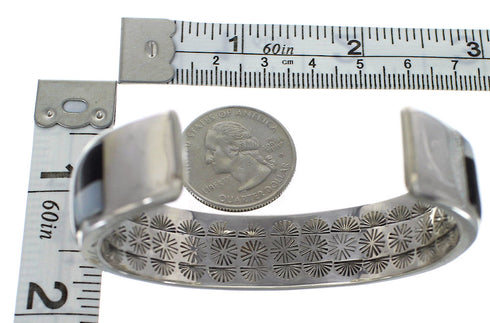 Sterling Silver Black Jade And Mother of Pearl Cuff Bracelet VX59304