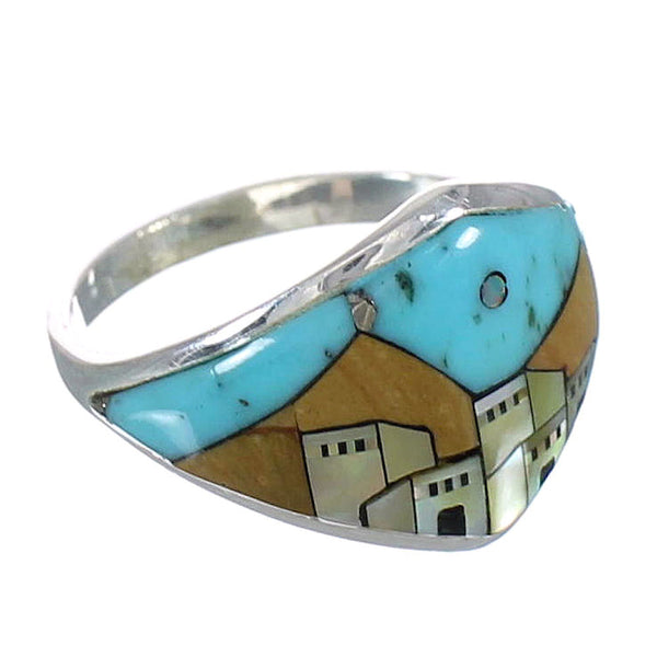 Native American Village Design Southwestern Silver And Multicolor Ring Size 5-3/4 YX77886