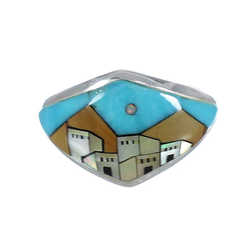 Southwestern Native American Village Design Silver Multicolor Ring Size 5 YX77897