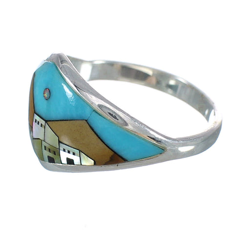 Southwestern Native American Village Design Sterling Silver Multicolor Ring Size 5-1/2 YX77902